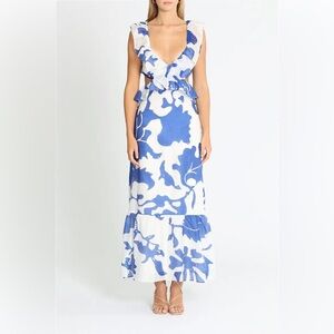 SIR the label Blue Vivi Frill Ruffle V-Neck Maxi Dress Size 0